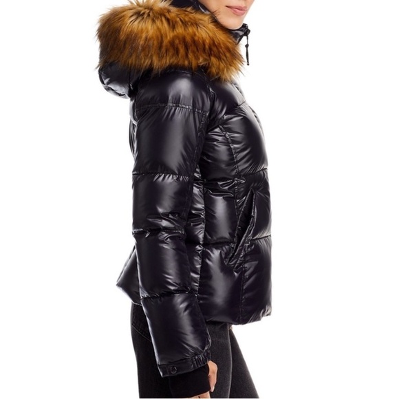 Aqua black puffer zip up jacket detachable faux tan fur trimmed hoodie small - Picture 4 of 16